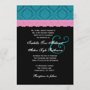Rosa und aquamarines Spitze-Hochzeits-Monogramm Einladung