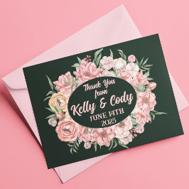Rosa und Beige Blume Oval auf Deep Green Wedding Dankeskarte