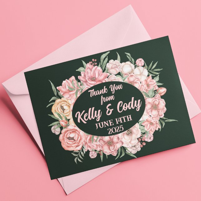 Rosa und Beige Blume Oval auf Deep Green Wedding Dankeskarte (Von Creator hochgeladen)