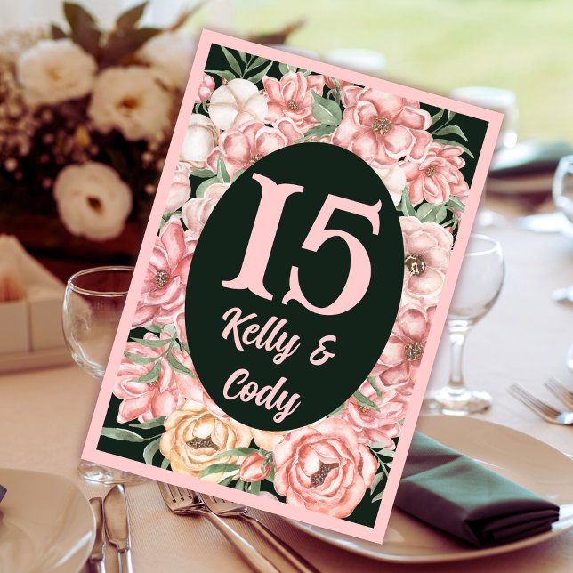 Rosa und Beige Blume Oval auf Deep Green Wedding Tischnummer (Von Creator hochgeladen)