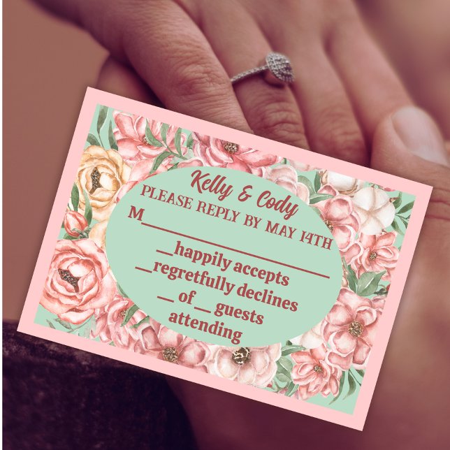 Rosa und beige Blume Oval auf hellgrün RSVP Karte (Von Creator hochgeladen)