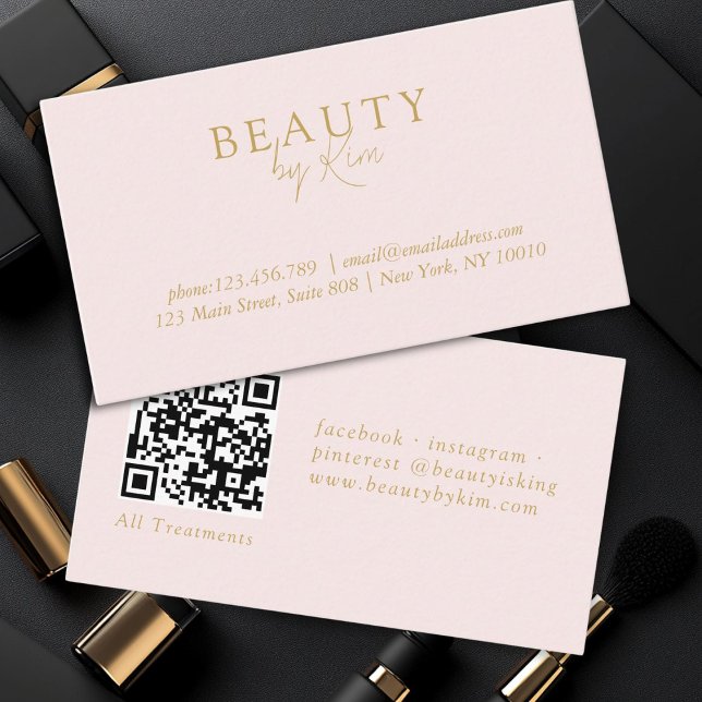 Rosa und Beige-Gold Minimal Elegant, Salon QR Code Visitenkarte (Pink & Beige-Gold Minimal Elegant, Salon QR Code Business Card)