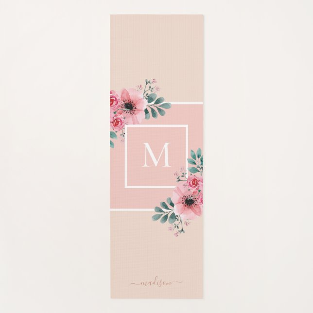 Rosa und Beige | Monogramm der Aquarellfarben-Blum Yogamatte (Vorderseite)