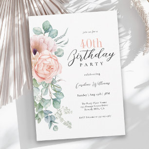 Rosa und Beige Wasserfarben Blumen 40. Geburtstag Einladung