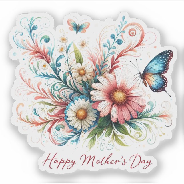 Rosa und blau florale Happy Mother Day Aufkleber (Vorderseite)