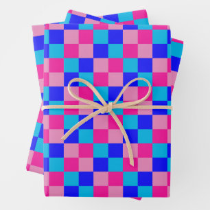 Rosa und Blau kariertes Druckmuster Geschenkpapier Set