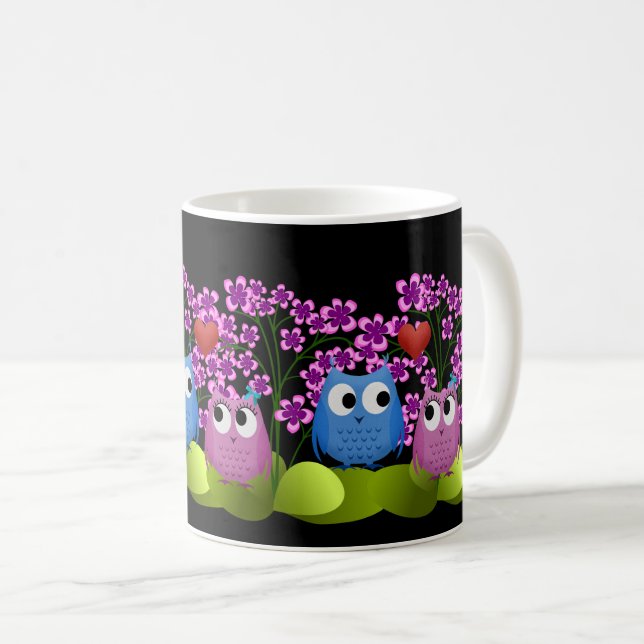 Rosa und Blau liebende Vögel Eule Design Kaffeetasse (VorderseiteRechts)