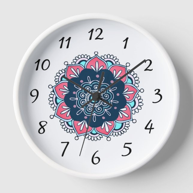 Rosa und Blau Mandala Boho Wall Clock Uhr (Vorderseite)