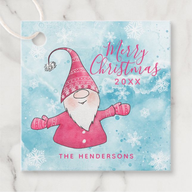 Rosa und Blau Niedlich Gnome Custom Frohe Weihnach Geschenkanhänger (Vorderseite)