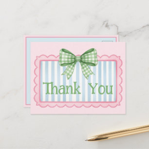 Rosa und Blau Rahmen Grün Gingham-Schleife Danke Postkarte