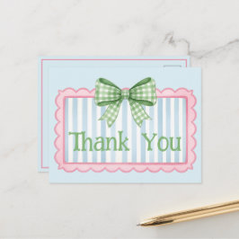 Rosa und Blau Rahmen Grün Gingham-Schleife Danke Postkarte