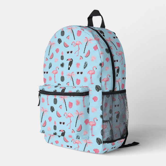 Rosa und Blau Sommer tropisches Muster Bedruckter Rucksack (Rückseitige Ecke Rechts)
