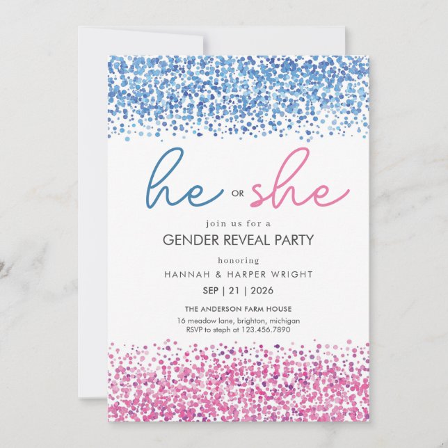 Rosa und Blau weißer Glitter Er oder Sie Geschlech Einladung (Vorderseite)