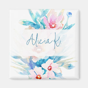 Rosa und blaue Aquarell-Blumen personalisiert Magnet