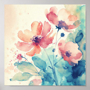 Rosa und blaue Aquarell-Blumenkunst Poster
