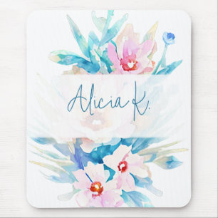 Rosa und blaue Aquarellblumen personalisiert Mousepad