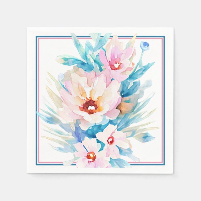 Rosa und blaue Aquarellblumen Serviette (Vorderseite)