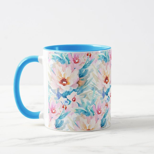 Rosa und blaue Aquarellblumen Tasse (Links)