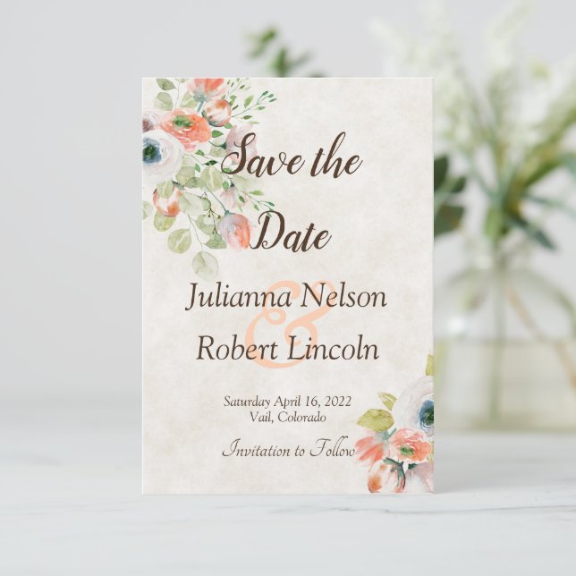 Rosa und blaue Aquarellblütenblüte Save the Date i Einladung (Stehend Vorderseite)