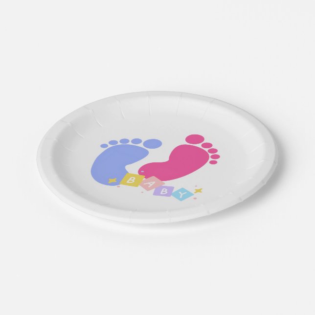 Rosa und blaue Babyfußabdrücke Pappteller (Schrägansicht)