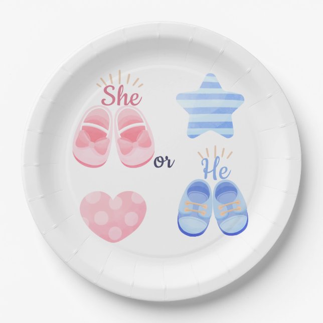 Rosa und Blaue Babyschuhe Sie oder Er? Geschlecht  Pappteller (Vorderseite)