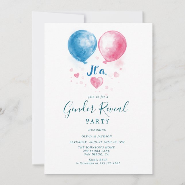 Rosa und blaue Ballons Gender Reveal Party Einladung (Vorderseite)