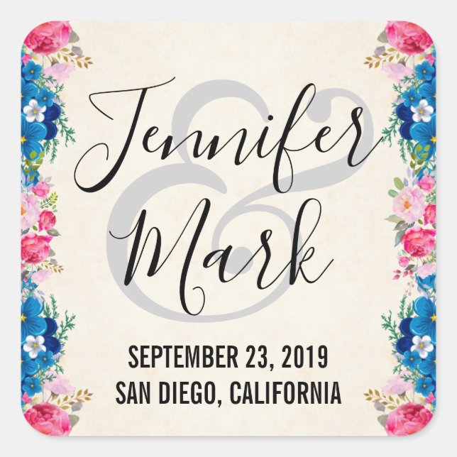 Rosa und blaue Blume Rahmen Extravagante Hochzeit Quadratischer Aufkleber (Vorderseite)