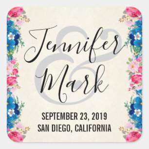 Rosa und blaue Blume Rahmen Extravagante Hochzeit Quadratischer Aufkleber