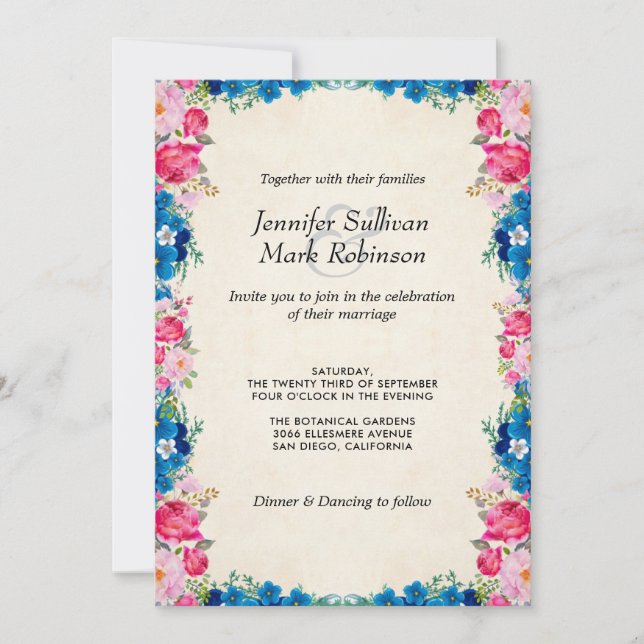 Rosa und blaue Blumen auf Imitate Parchment Weddin Einladung (Vorderseite)