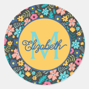 Rosa und blaue Blumen auf schwarzem Monogramm Runder Aufkleber