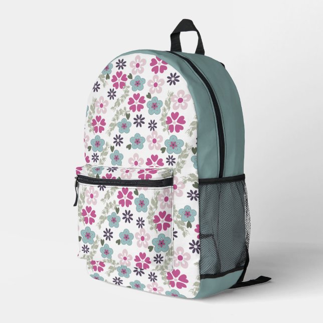 Rosa und blaue Blumen Bedruckter Rucksack (Rückseitige Ecke Rechts)