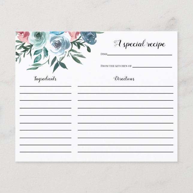 Rosa und blaue Blumen Brautparty Rezept-Karte (Vorderseite)