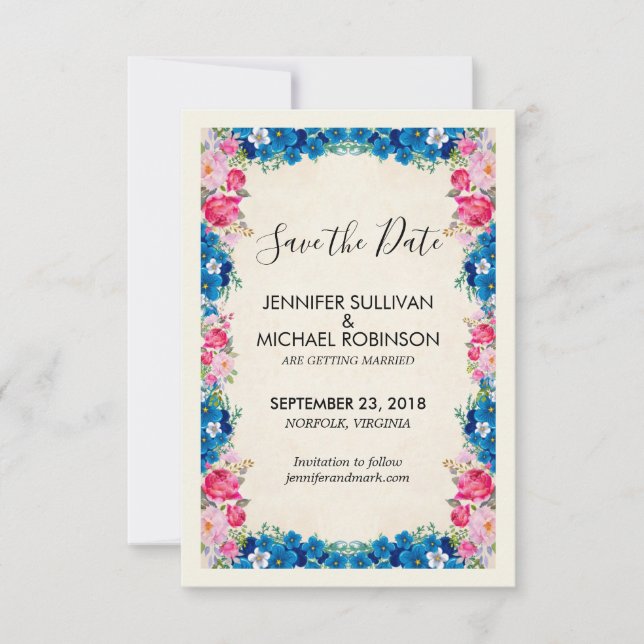 Rosa und blaue Blumen Extravagant Elegante Hochzei Save The Date (Vorderseite)