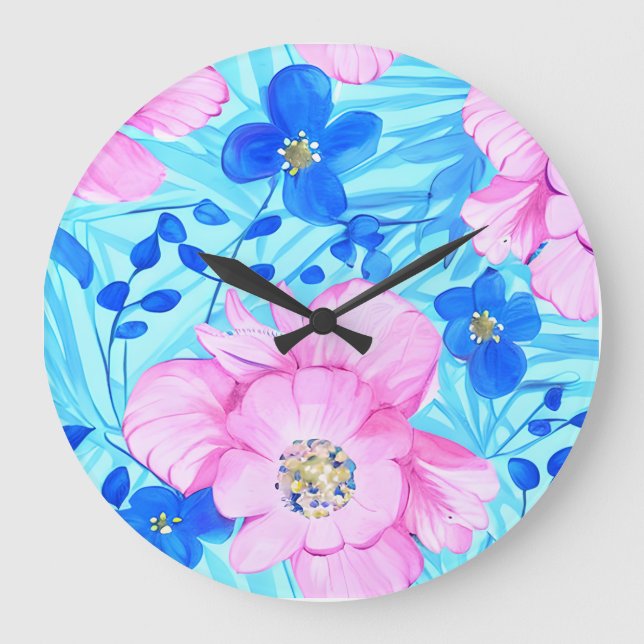 Rosa und blaue Blumen Große Wanduhr (Vorderseite)