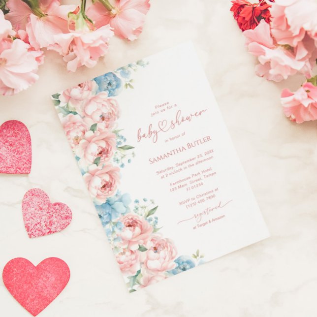 Rosa und blaue Blumen Kinderdusche Einladung (Von Creator hochgeladen)