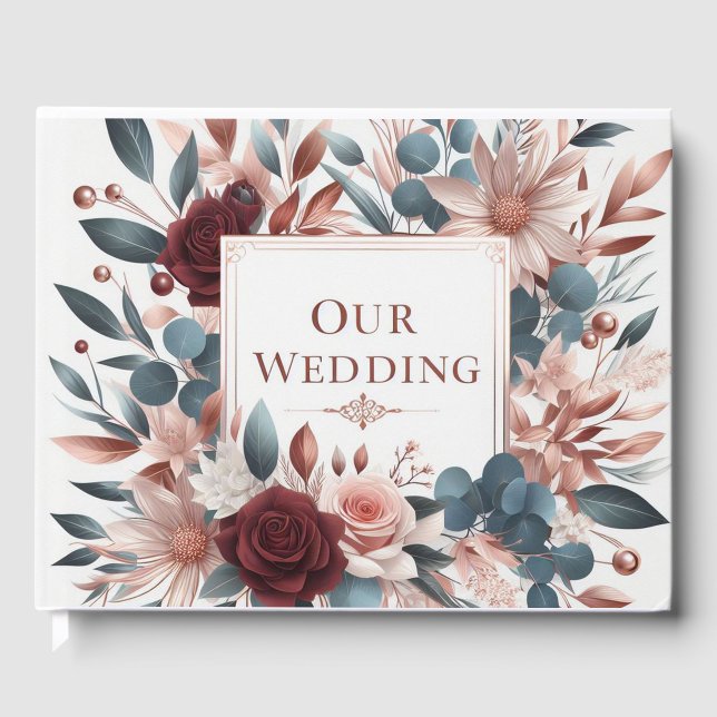 Rosa und blaue Blumen mit Burgund-Rose Gästebuch (Vorderseite)