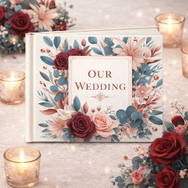 Rosa und blaue Blumen mit Burgund-Rose Gästebuch