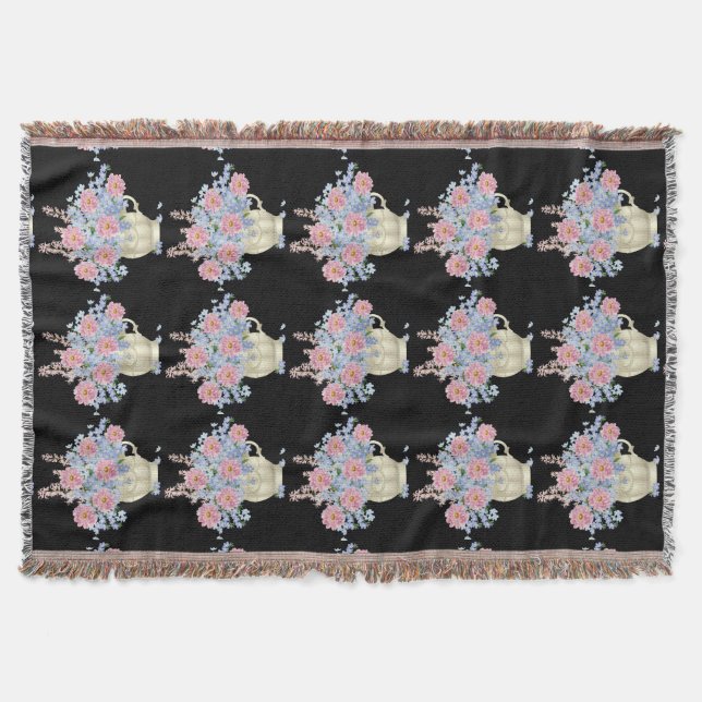 Rosa und blaue Blumen mit schwarzem Hintergrund Decke (Vorderseite)