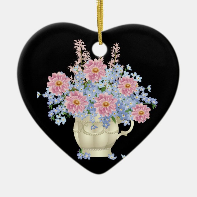 Rosa und blaue Blumen mit schwarzem Hintergrund Keramik Ornament (Vorne)