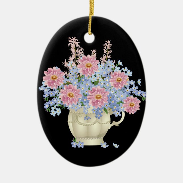 Rosa und blaue Blumen mit schwarzem Hintergrund Keramik Ornament (Vorne)