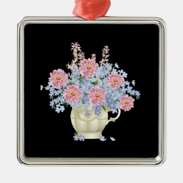 Rosa und blaue Blumen mit schwarzem Hintergrund Ornament Aus Metall (Vorne)