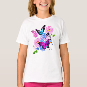 Rosa und blaue Blumen und Schmetterling T-Shirt