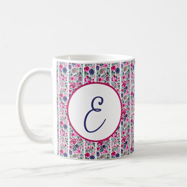 Rosa und blaue Blumen und weiße Streifen, Monogram Kaffeetasse (Links)