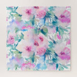 Rosa und blaue Blütenmuster Puzzle<br><div class="desc">Moderne pastellrosa und blaue Aquarellfarben Blume Collage Muster.</div>