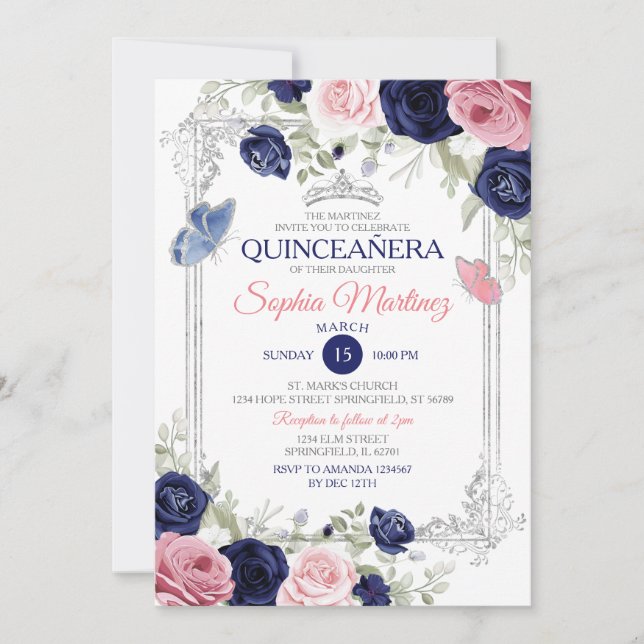 Rosa und blaue Blütenschmetterlinge Quinceañera Einladung (Vorderseite)