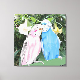 Rosa und blaue Budgien gegen Engel Trumpets Leinwanddruck