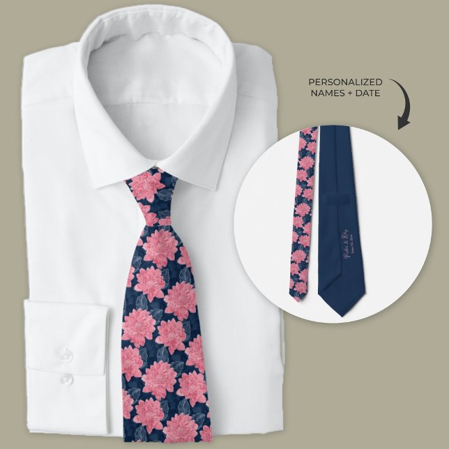 Rosa und blaue Dahlia-Trauzeugen Krawatte (Pink dahlia floral wedding neck tie.)