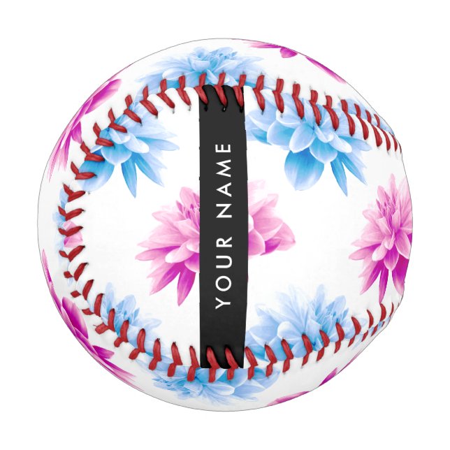 Rosa und blaue Dahlien, Blumenmuster, Ihr Name Baseball (Vorderseite Links)