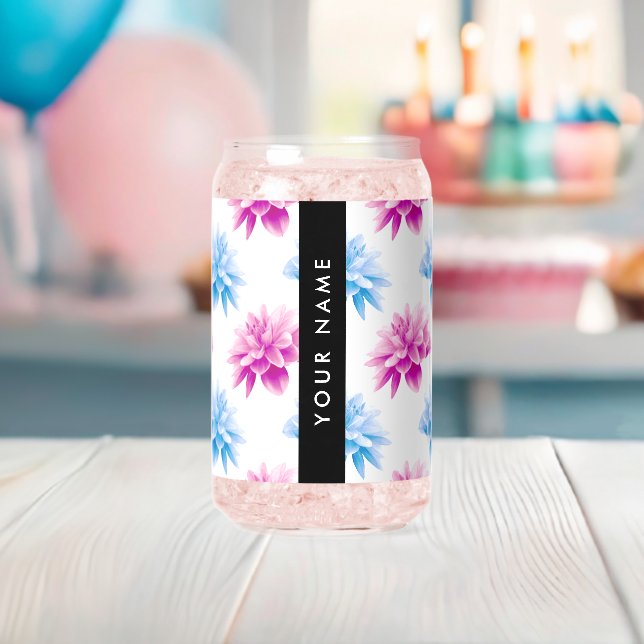 Rosa und blaue Dahlien, Blumenmuster, Ihr Name Dosenglas (Insitu (Baby Party))