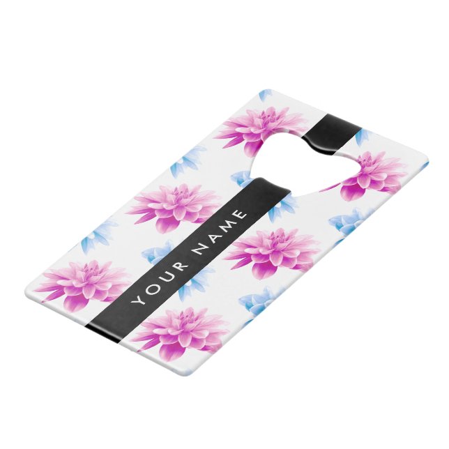 Rosa und blaue Dahlien, Blumenmuster, Ihr Name Geldbeutel Flaschenöffner (Vorderseite Schrägansicht)